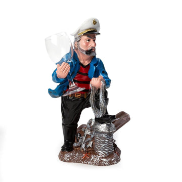 Nautical Sailor Figurine Resin Bottle Holder with 1 Wine Glass Set (Dredger - Blue Coat)